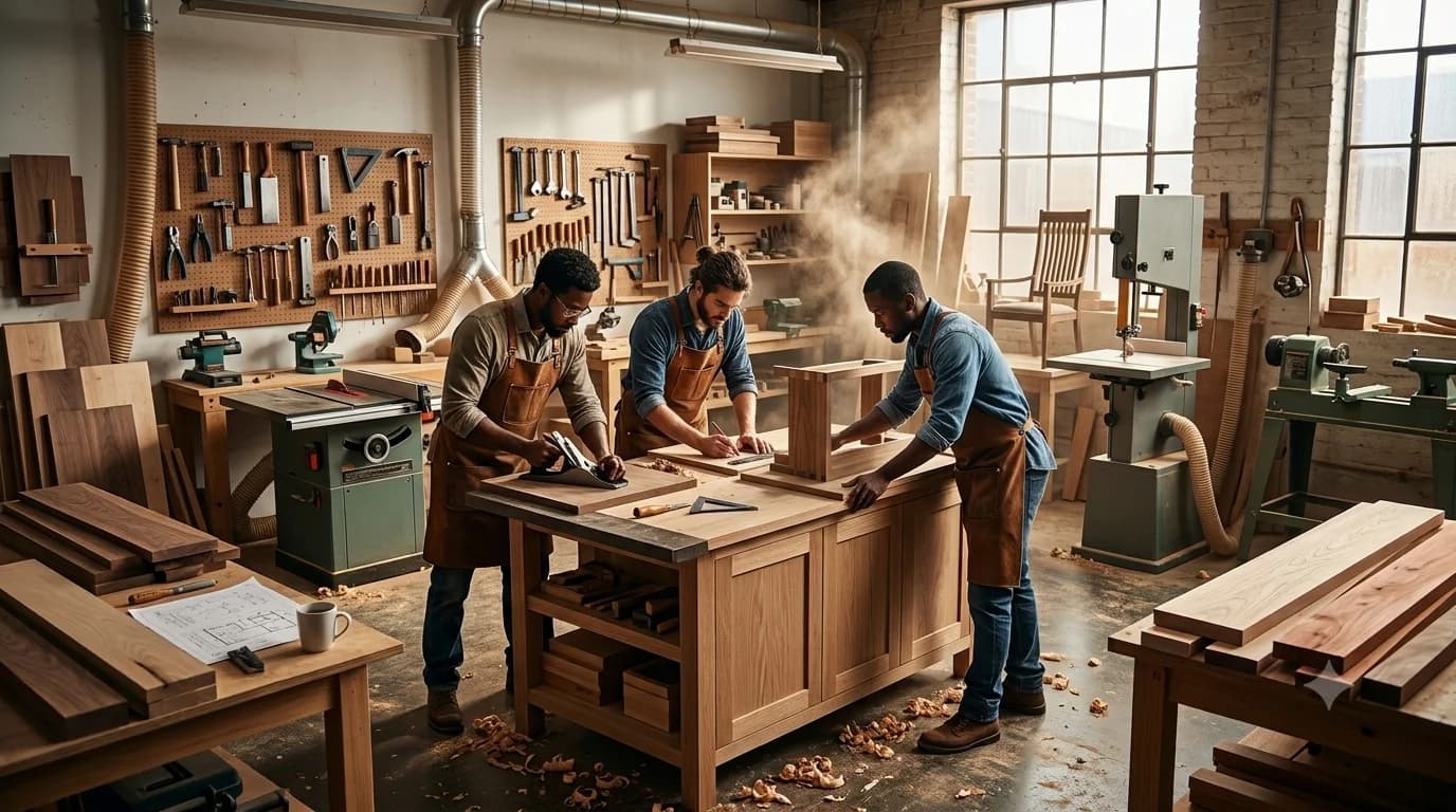 Equipo de ebanistería trabajando en un taller profesional.